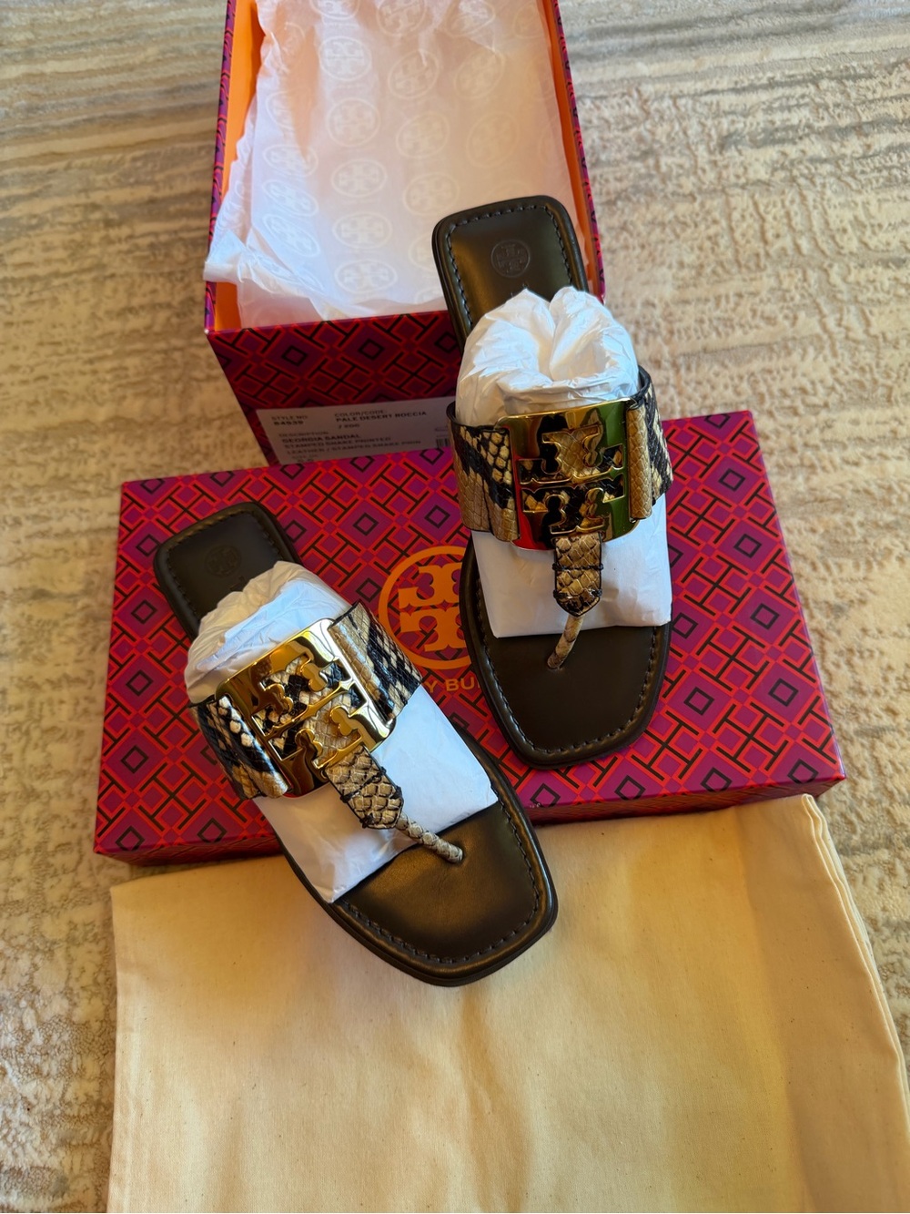 Tory Burch Georgia Snake-Print Straps and Gold Logo Sandals